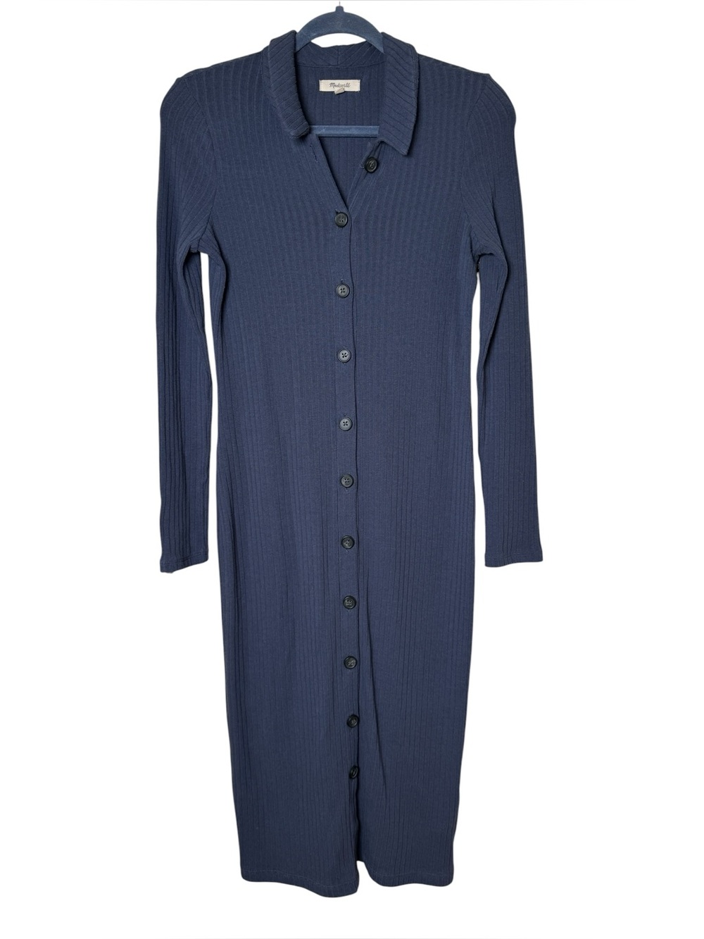 🎉 Madewell Small Navy Ribbed Button-Down Long Sleeve Dress Cotton Blend